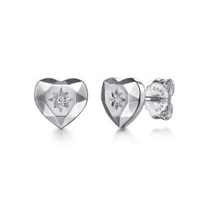 925 Sterling Silver Heart Diamond Cut Stud Earrings