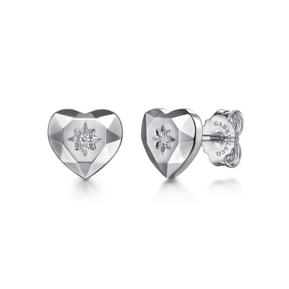 925 Sterling Silver Heart Diamond Cut Stud Earrings