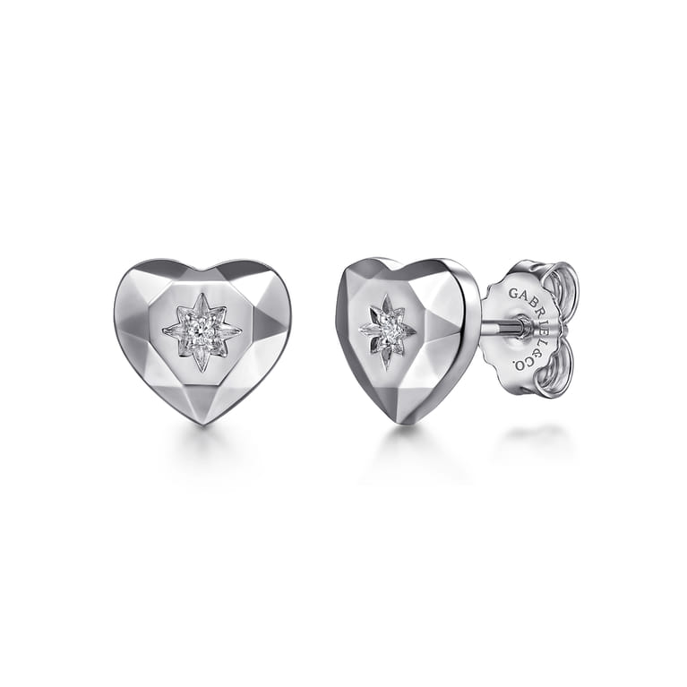 925 Sterling Silver Heart Diamond Cut Stud Earrings - 0.02 ct - Shot 1