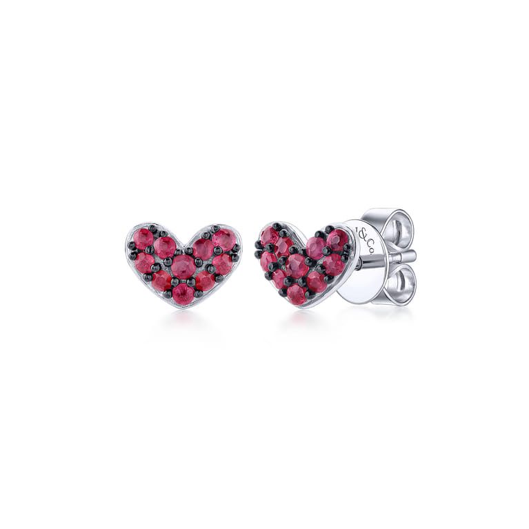 925 Sterling Silver Heart Shaped Ruby Stud Earrings - Shot 1