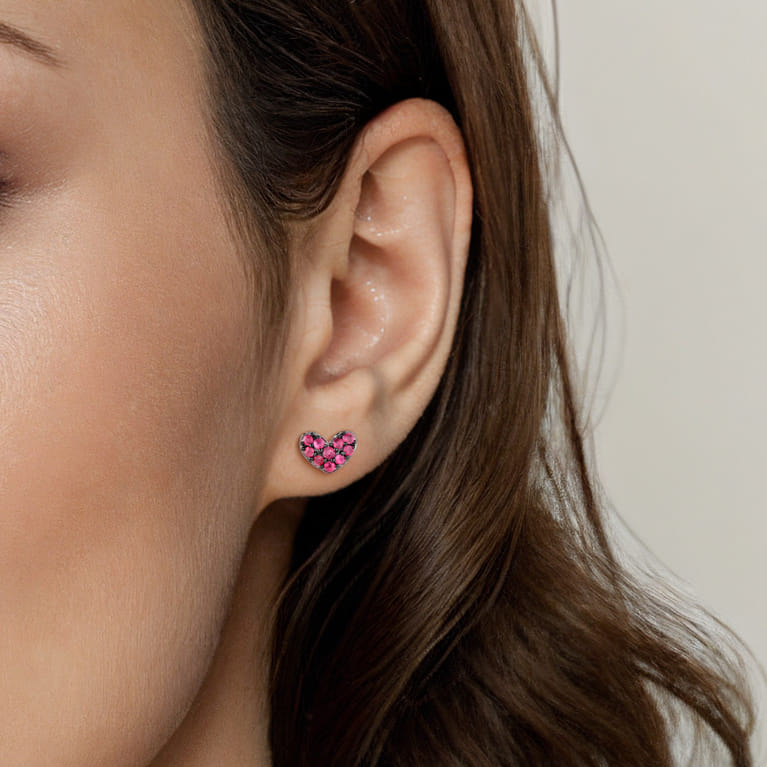 925 Sterling Silver Heart Shaped Ruby Stud Earrings - Shot 2