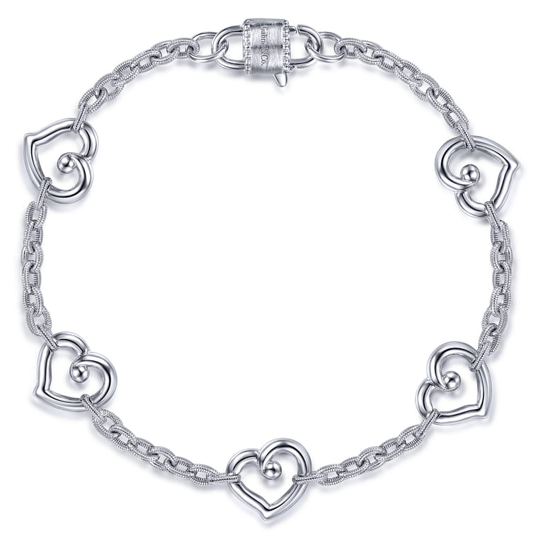 925 Sterling Silver Heart Station Chain Bracelet - Shot 1