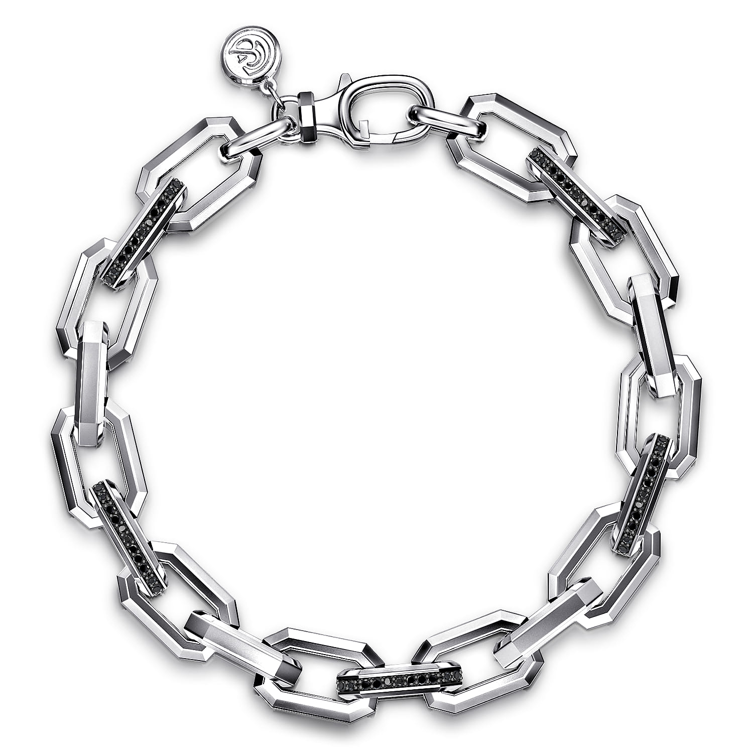 925 Sterling Silver Hollow Faceted Chain Black Spinel Bracelet - Shot 1