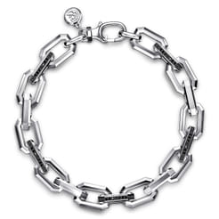 925 Sterling Silver Hollow Faceted Chain Black Spinel Bracelet