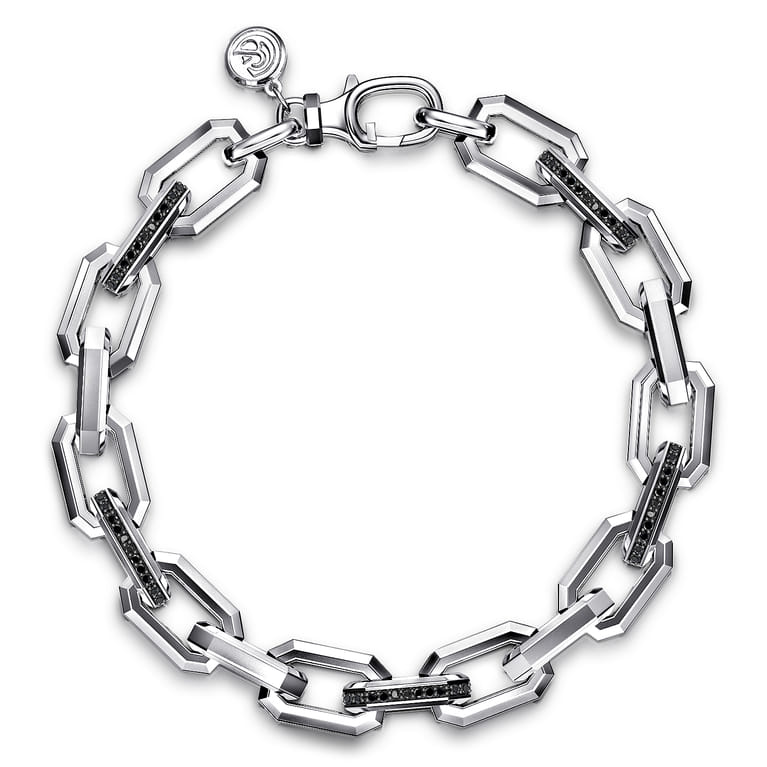 925 Sterling Silver Hollow Faceted Chain Black Spinel Bracelet - Shot 1
