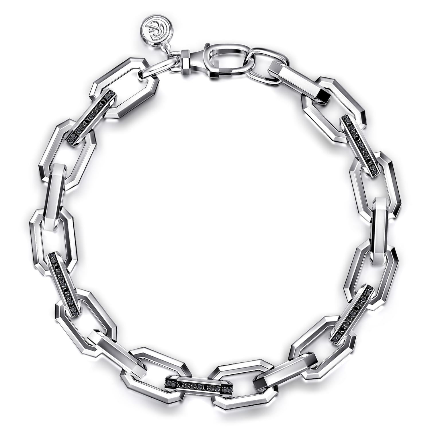 925 Sterling Silver Hollow Faceted Chain Black Spinel Bracelet - Shot 1