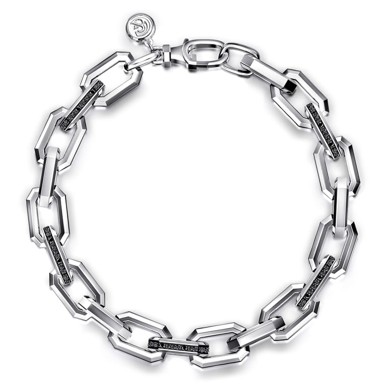 925 Sterling Silver Hollow Faceted Chain Black Spinel Bracelet - Shot 1