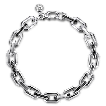 925 Sterling Silver Hollow Faceted Chain Black Spinel Bracelet