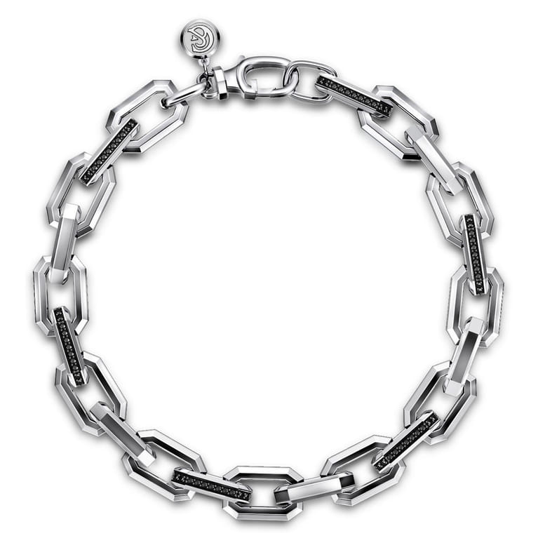 925 Sterling Silver Hollow Faceted Chain Black Spinel Bracelet - Shot 1