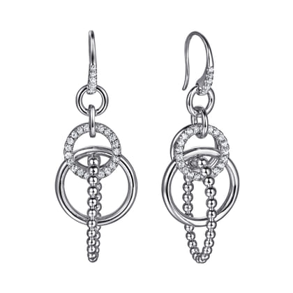 925 Sterling Silver Hollow Tube Interlocking Link Bujukan and White Sapphire Drop Earrings