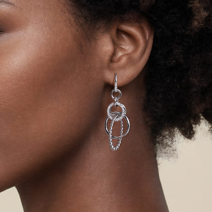 925 Sterling Silver Hollow Tube Interlocking Link Bujukan and White Sapphire Drop Earrings