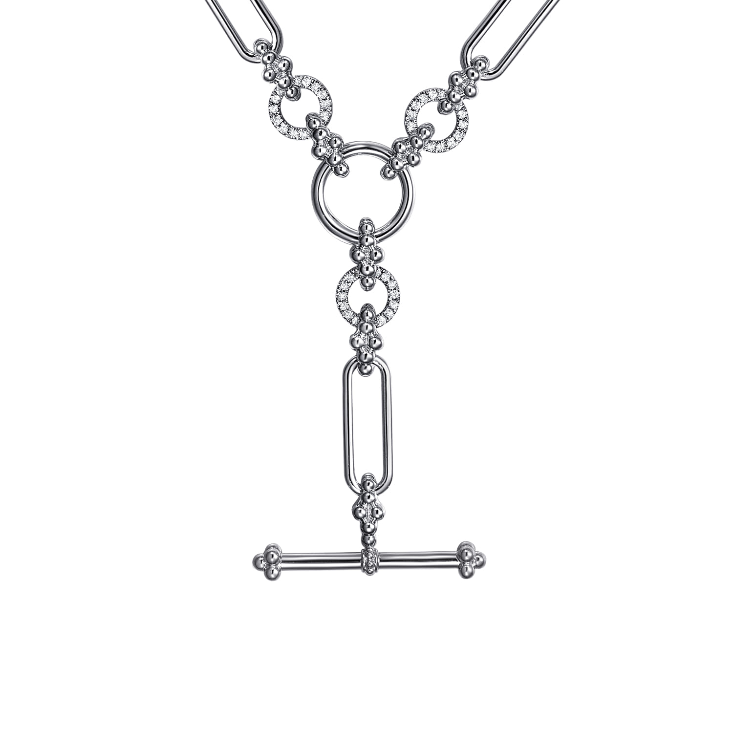 925 Sterling Silver Hollow Tube Link Bujukan and White Sapphire Y Necklace - Shot 1