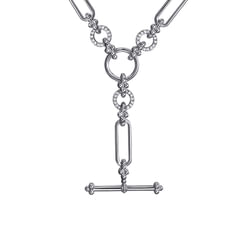 925 Sterling Silver Hollow Tube Link Bujukan and White Sapphire Y Necklace