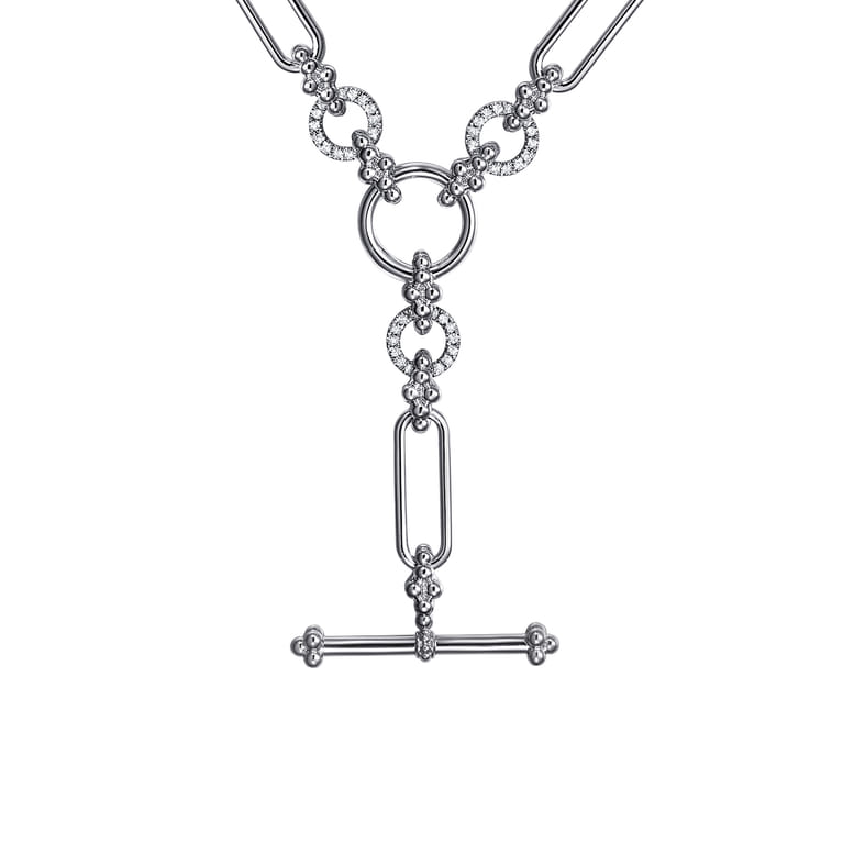 925 Sterling Silver Hollow Tube Link Bujukan and White Sapphire Y Necklace - Shot 1