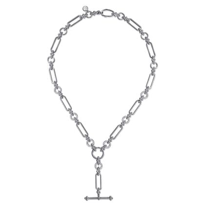 925 Sterling Silver Hollow Tube Link Bujukan and White Sapphire Y Necklace