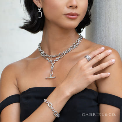 925 Sterling Silver Hollow Tube Link Bujukan and White Sapphire Y Necklace