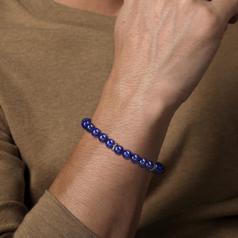 925 Sterling Silver Lapis Beaded Bracelet 6mm - Shot 3