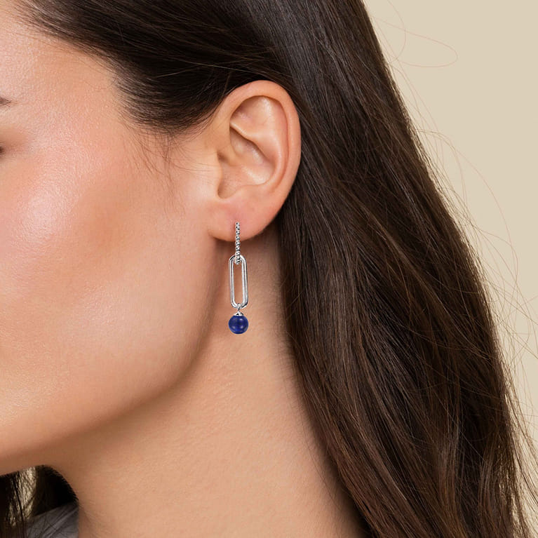 925 Sterling Silver Lapis Bujukan Huggie Drop Earrings - Shot 2