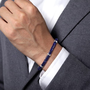 925 Sterling Silver Lapis Cylinder Beaded Bracelet