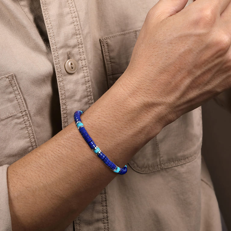 925 Sterling Silver Lapis and Turquoise Cylinder Beaded Bracelet - Shot 3