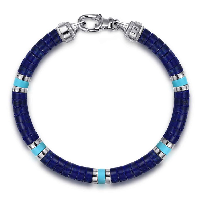 925 Sterling Silver Lapis and Turquoise Cylinder Beaded Bracelet - Shot 1