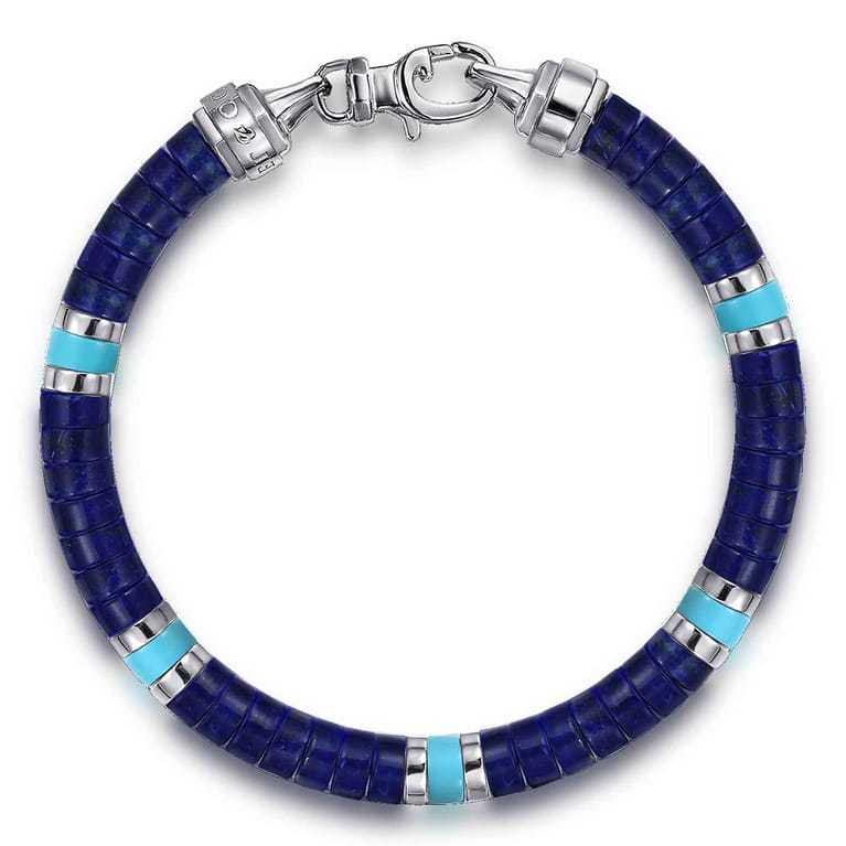 925 Sterling Silver Lapis and Turquoise Cylinder Beaded Bracelet - Shot 1