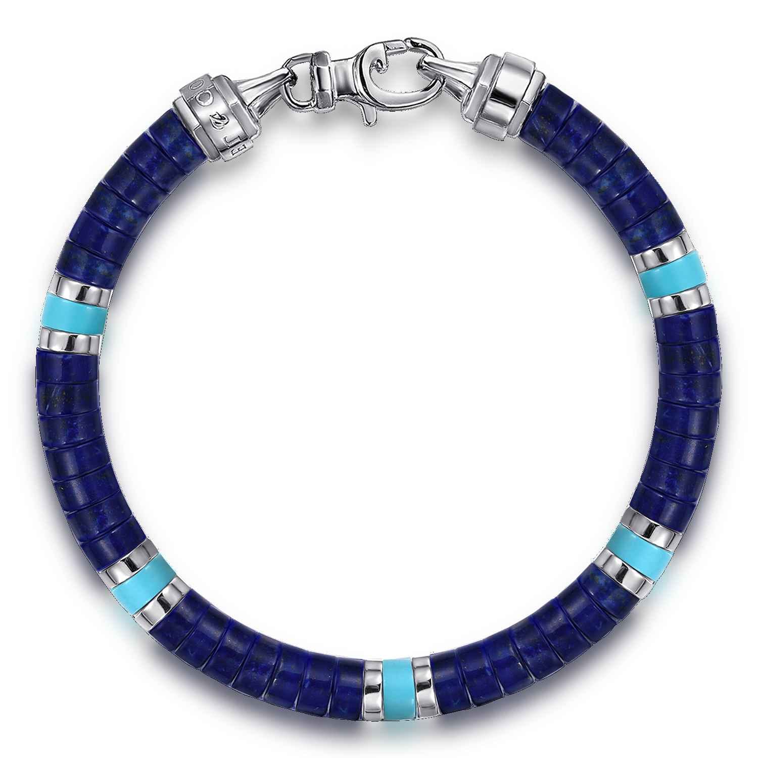 925 Sterling Silver Lapis and Turquoise Cylinder Beaded Bracelet - Shot 1