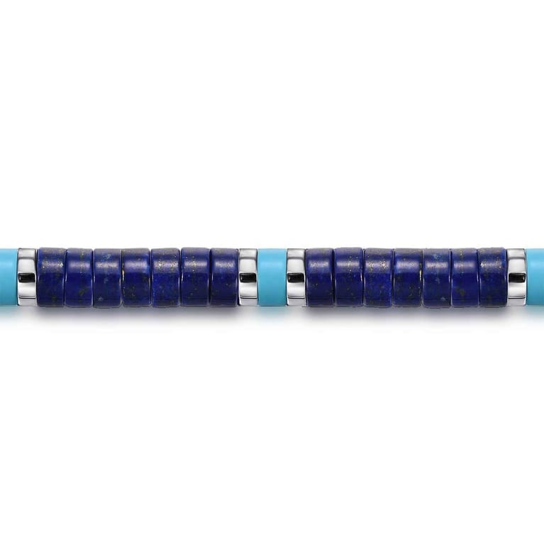 925 Sterling Silver Lapis and Turquoise Cylinder Beaded Bracelet - Shot 2