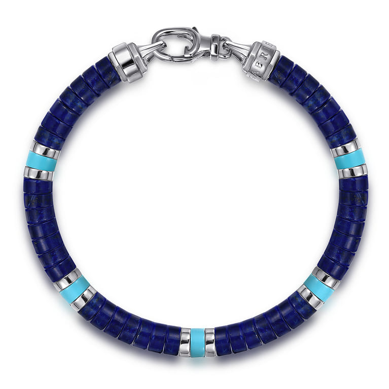 925 Sterling Silver Lapis and Turquoise Cylinder Beaded Bracelet - Shot 1