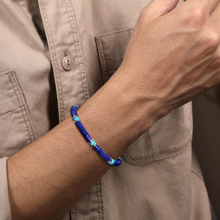 925 Sterling Silver Lapis and Turquoise Cylinder Beaded Bracelet - Shot 3