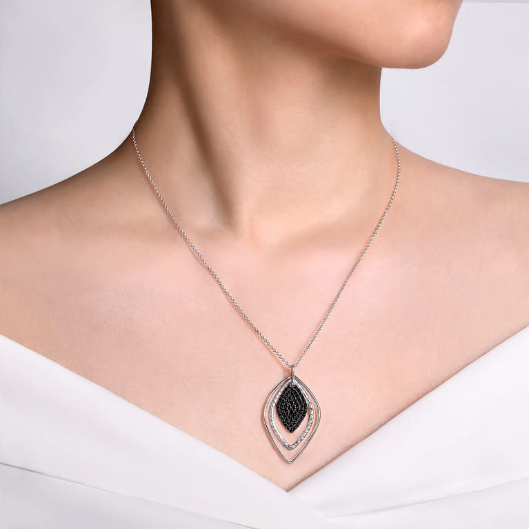 925 Sterling Silver Layered Black Spinel Cluster Necklace - Shot 3