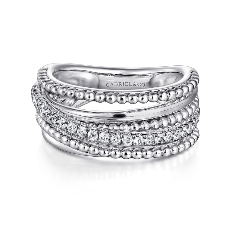 925 Sterling Silver Layered Bujukan Beaded White Sapphire Ring - Shot 1