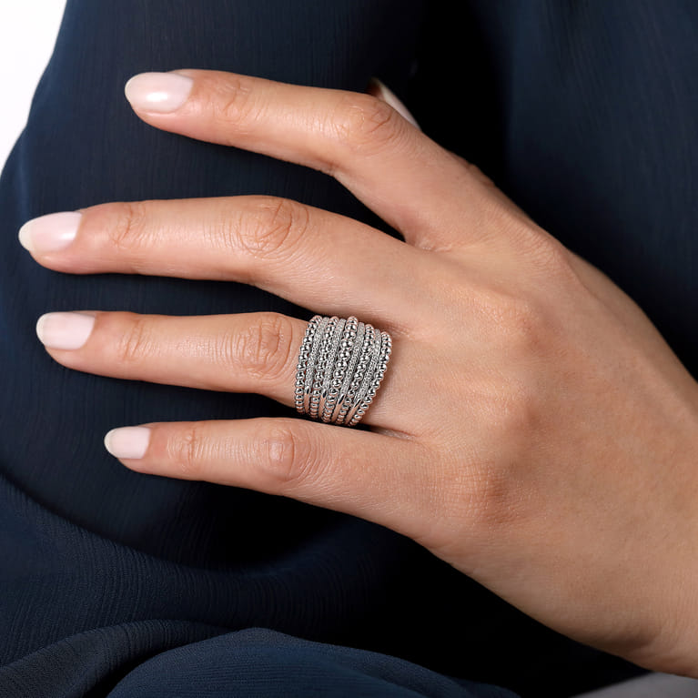 925 Sterling Silver Layered Bujukan Beaded White Sapphire Ring - Shot 5