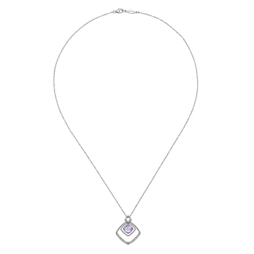 925 Sterling Silver Layered Squares Pendant Necklace with Pink Amethyst Drop - Shot 2