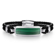 925 Sterling Silver Leather with Malachite ID Bracelet