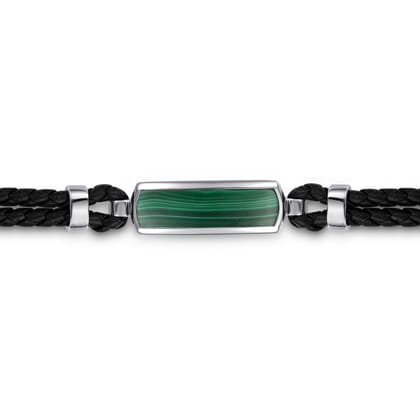 925 Sterling Silver Leather with Malachite ID Bracelet