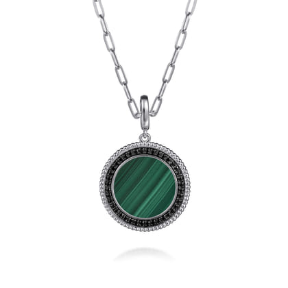 925 Sterling Silver Malachite and Black Spinel Bujukan Medallion Pendant in size 24mm With Detachable Bail