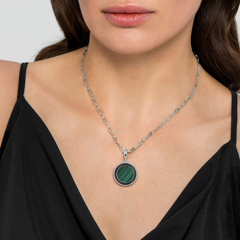 925 Sterling Silver Malachite and Black Spinel Bujukan Medallion Pendant in size 24mm With Detachable Bail - Shot 4