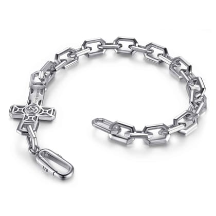 925 Sterling Silver Men's Mix Faceted Link Chain Bracelet with Cross
