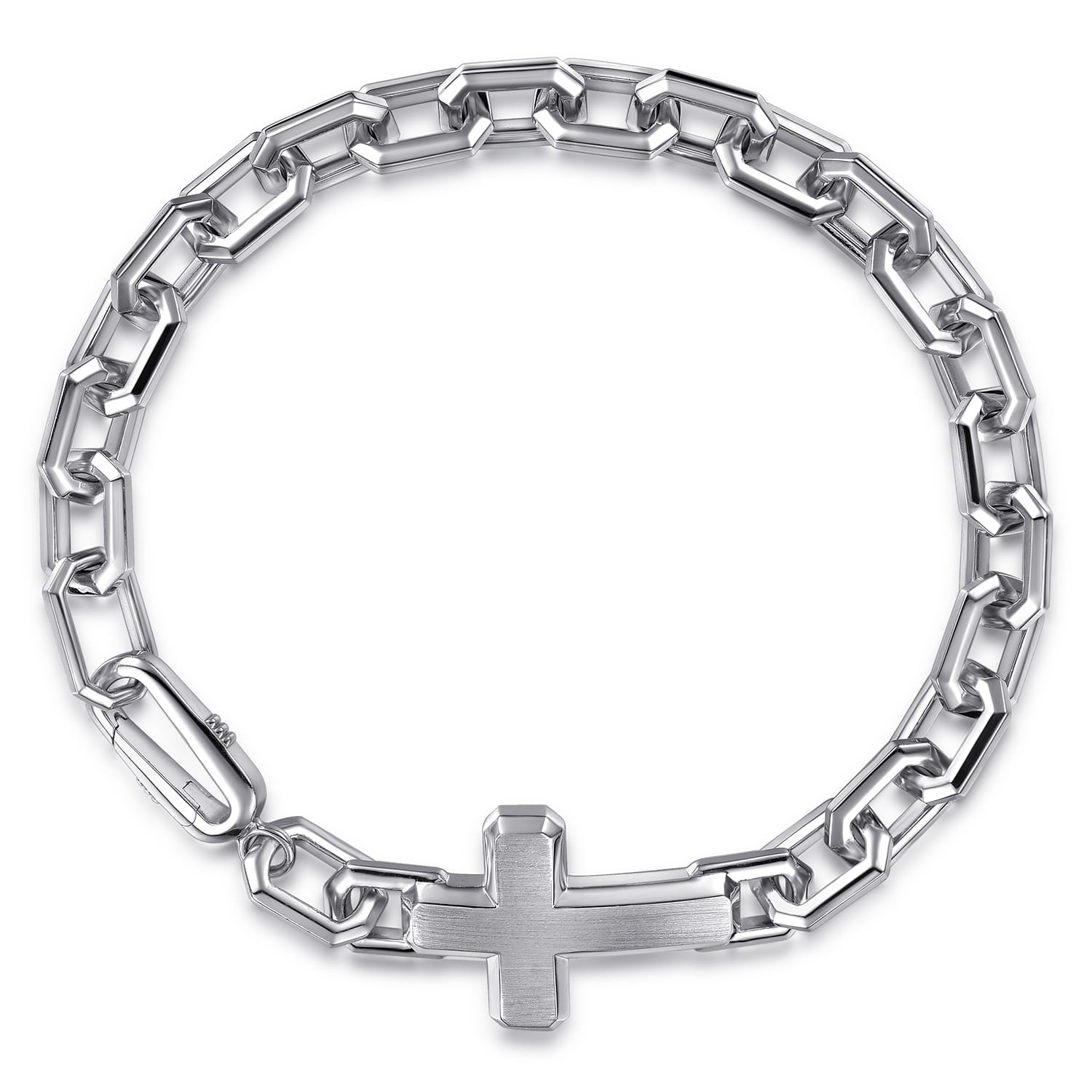 925 Sterling Silver Mens Faceted Link Chain Bracelet with Cross