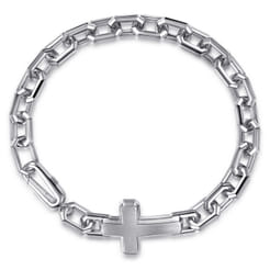 925 Sterling Silver Mens Faceted Link Chain Bracelet with Cross
