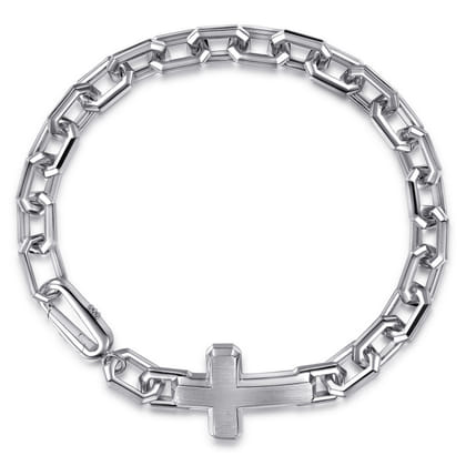 925 Sterling Silver Mens Faceted Link Chain Bracelet with Cross