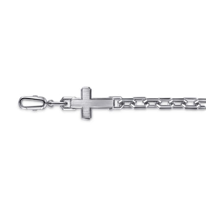 925 Sterling Silver Mens Faceted Link Chain Bracelet with Cross