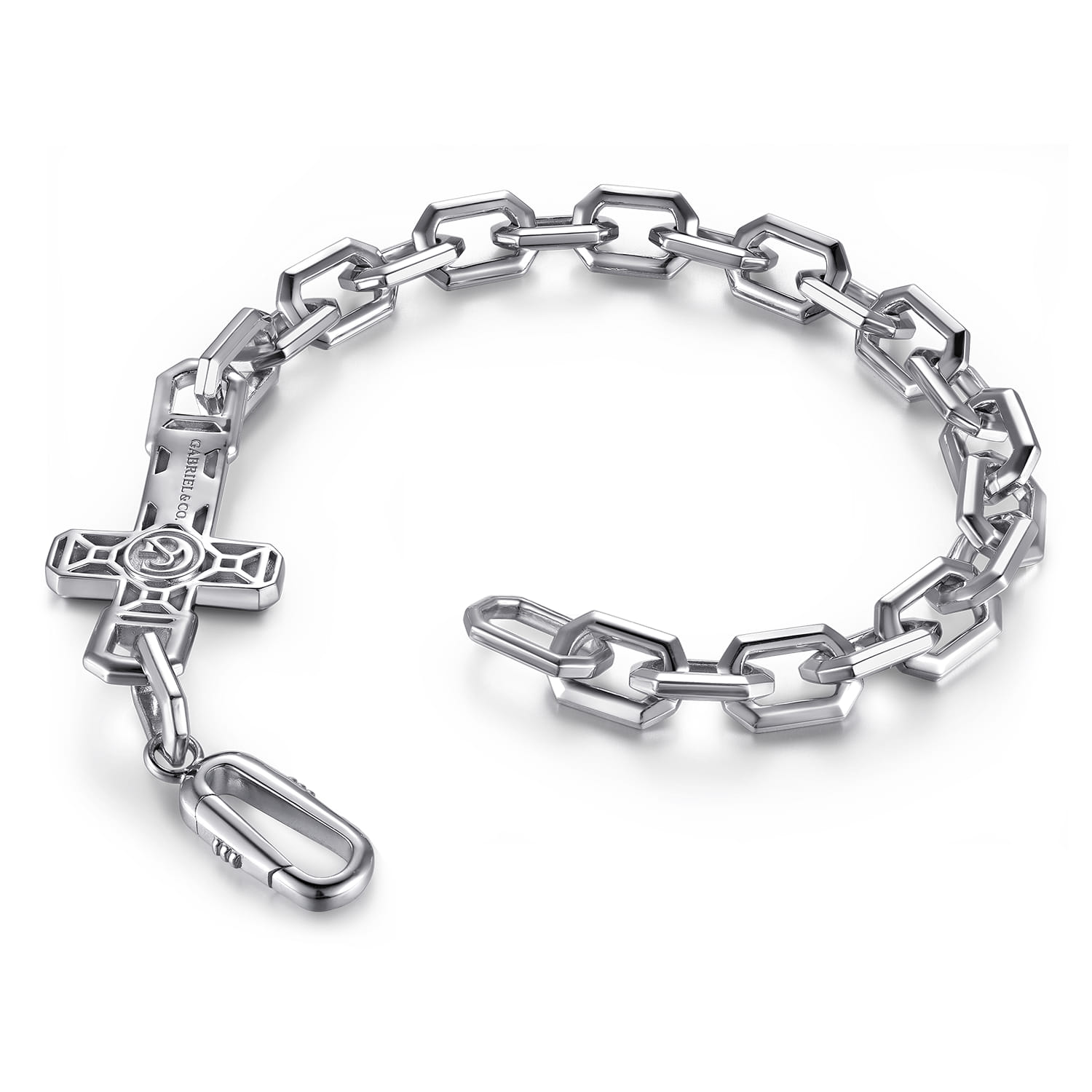 925 Sterling Silver Mens Faceted Link Chain Bracelet with Cross