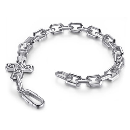 925 Sterling Silver Mens Faceted Link Chain Bracelet with Cross