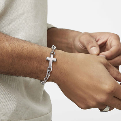 925 Sterling Silver Mens Faceted Link Chain Bracelet with Cross