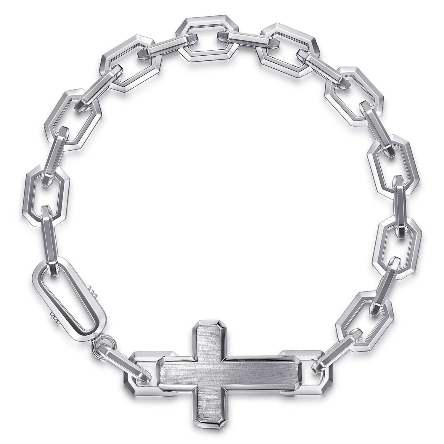 925 Sterling Silver Mens Faceted Link Chain Bracelet with Cross - Shot 1