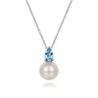 925 Sterling Silver Mother of Pearl and Blue Topaz Pendant Necklace