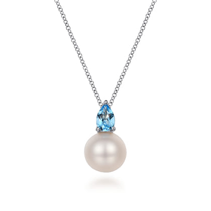 925 Sterling Silver Mother of Pearl and Blue Topaz Pendant Necklace