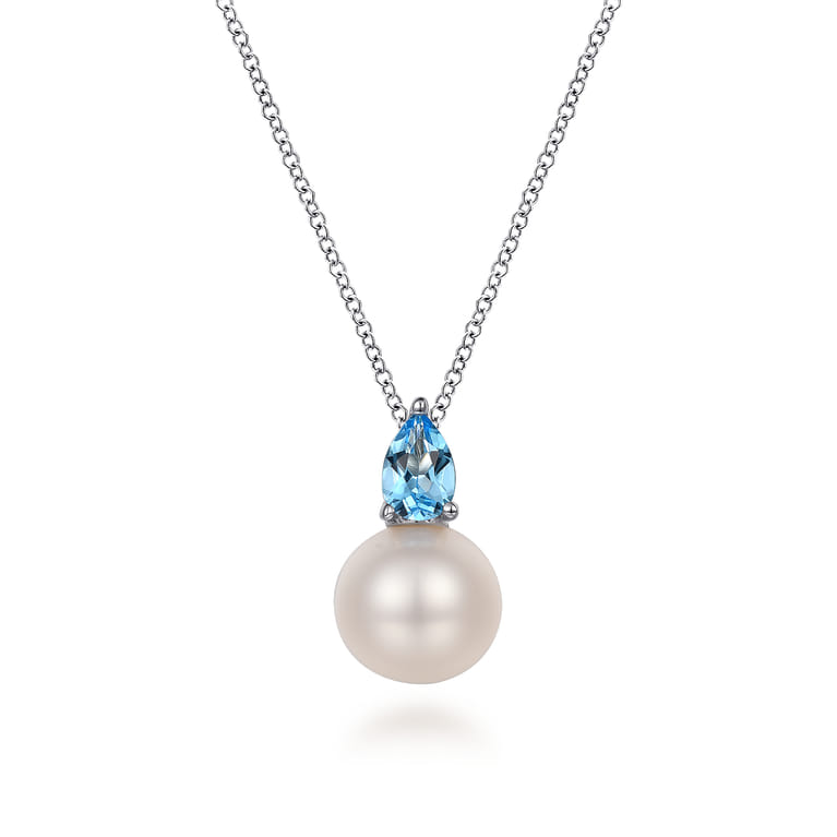 925 Sterling Silver Mother of Pearl and Blue Topaz Pendant Necklace - Shot 1